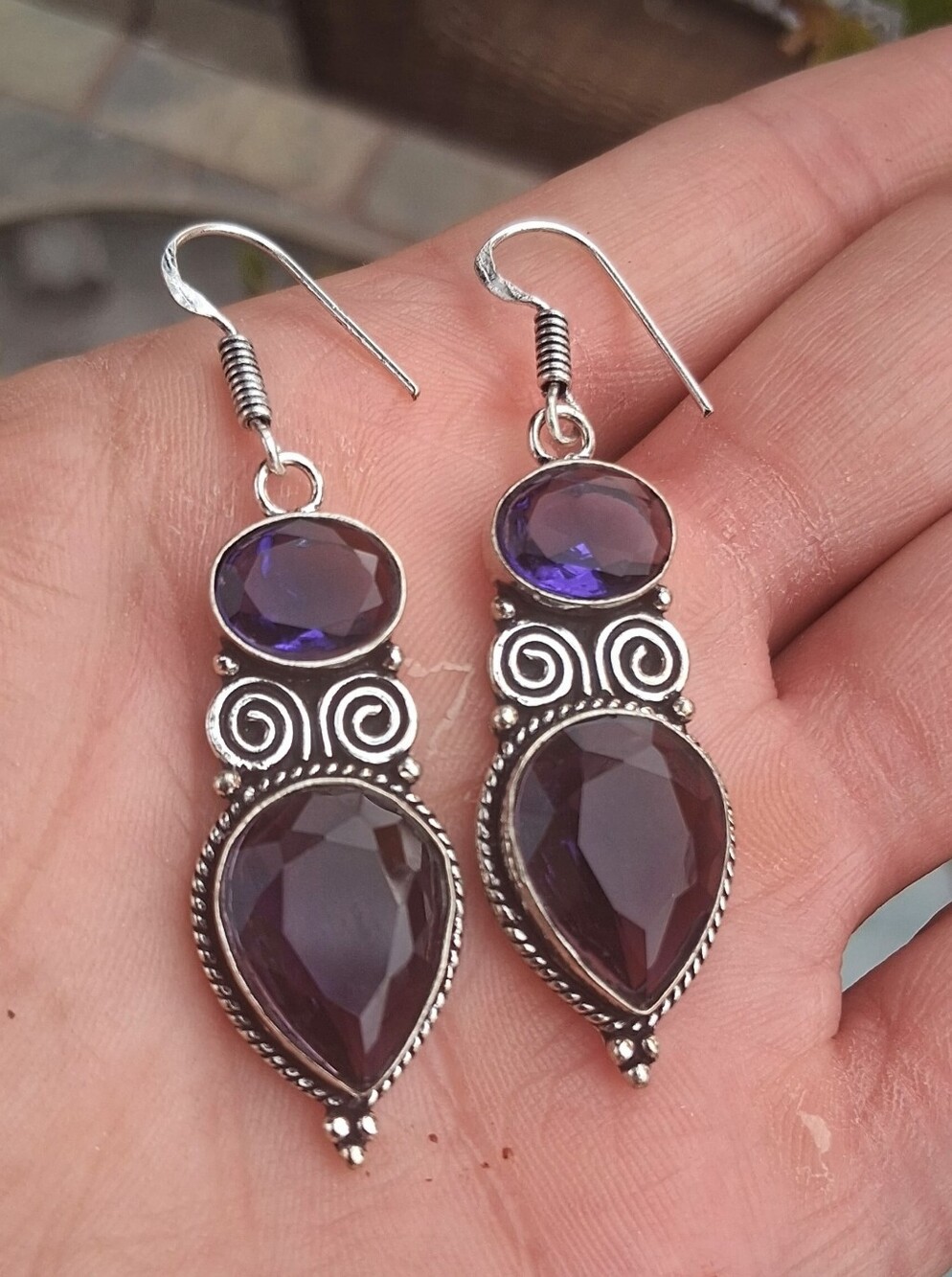 Amethyst Pear Cut Gemstone Earrings Sterling Silver 925
